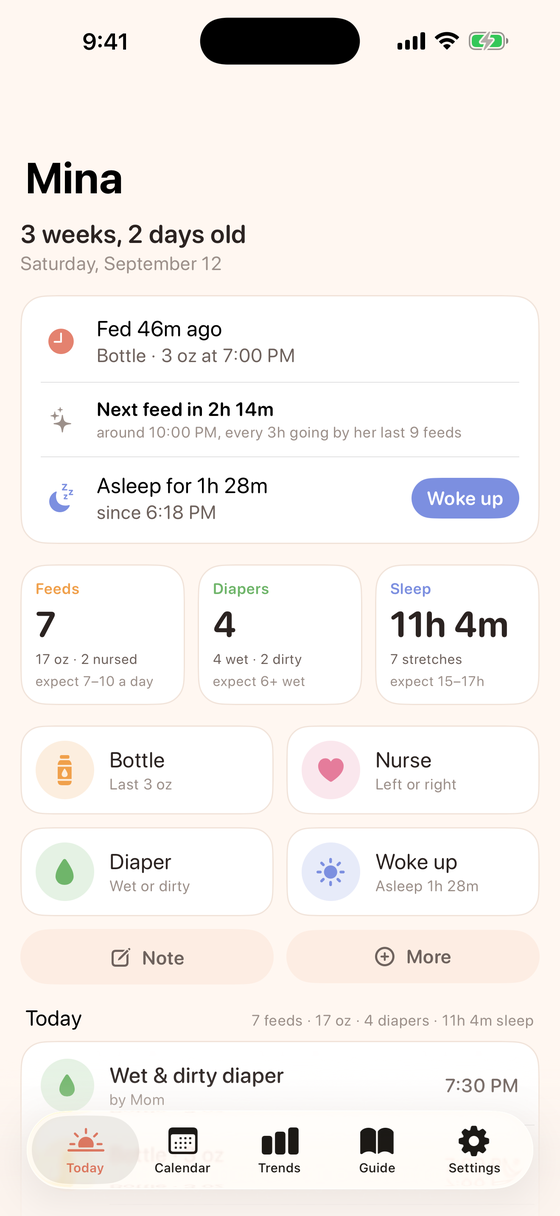 The Today screen: last feed, next-feed prediction, today's totals and one-tap buttons