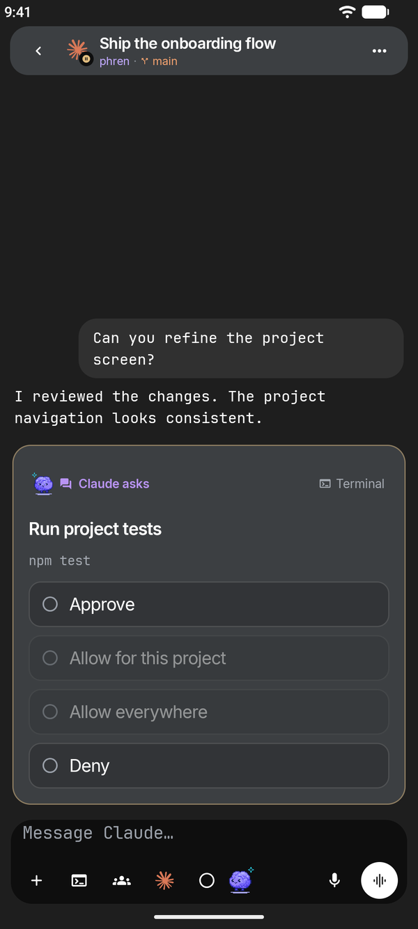 A permission request in a chat with Deny and Approve