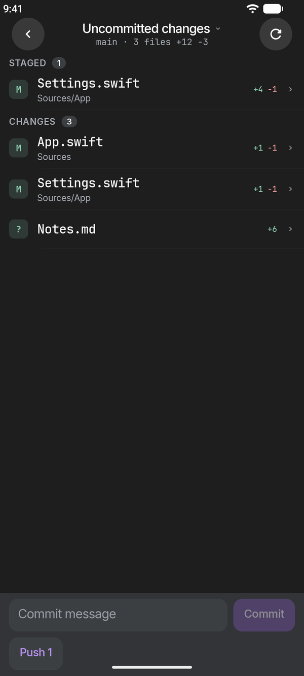 The Changes screen: Staged and Changes file lists with a commit box and Push