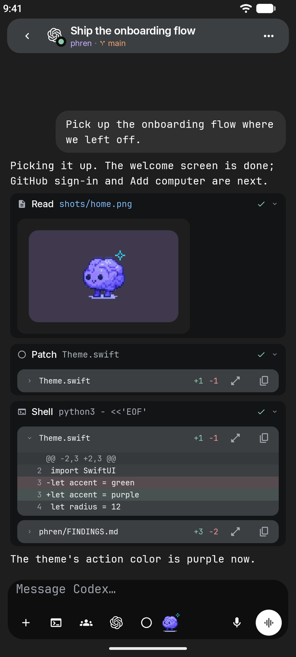 A chat with a Claude Code session showing a command and a diff