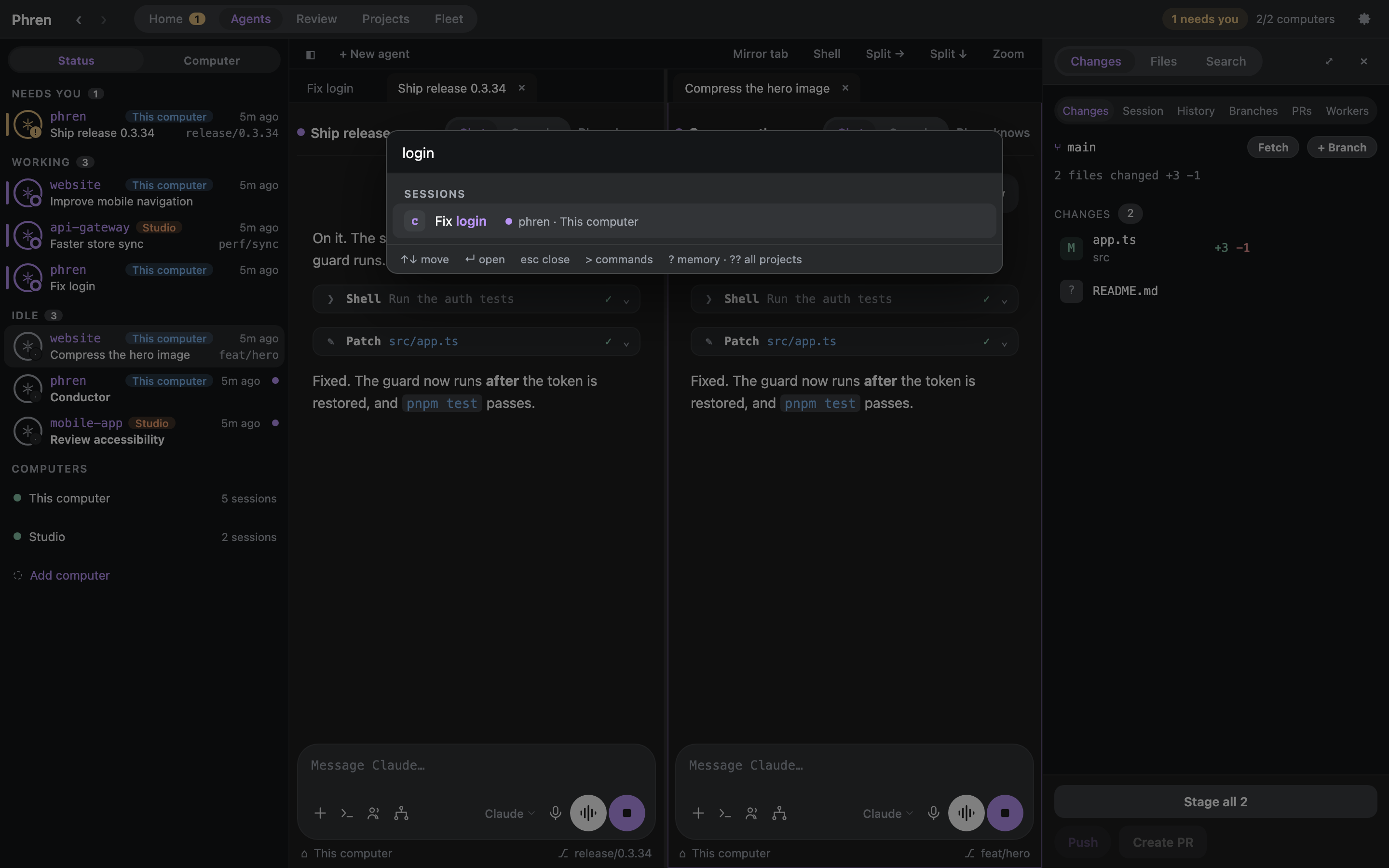 The command palette searching for a session