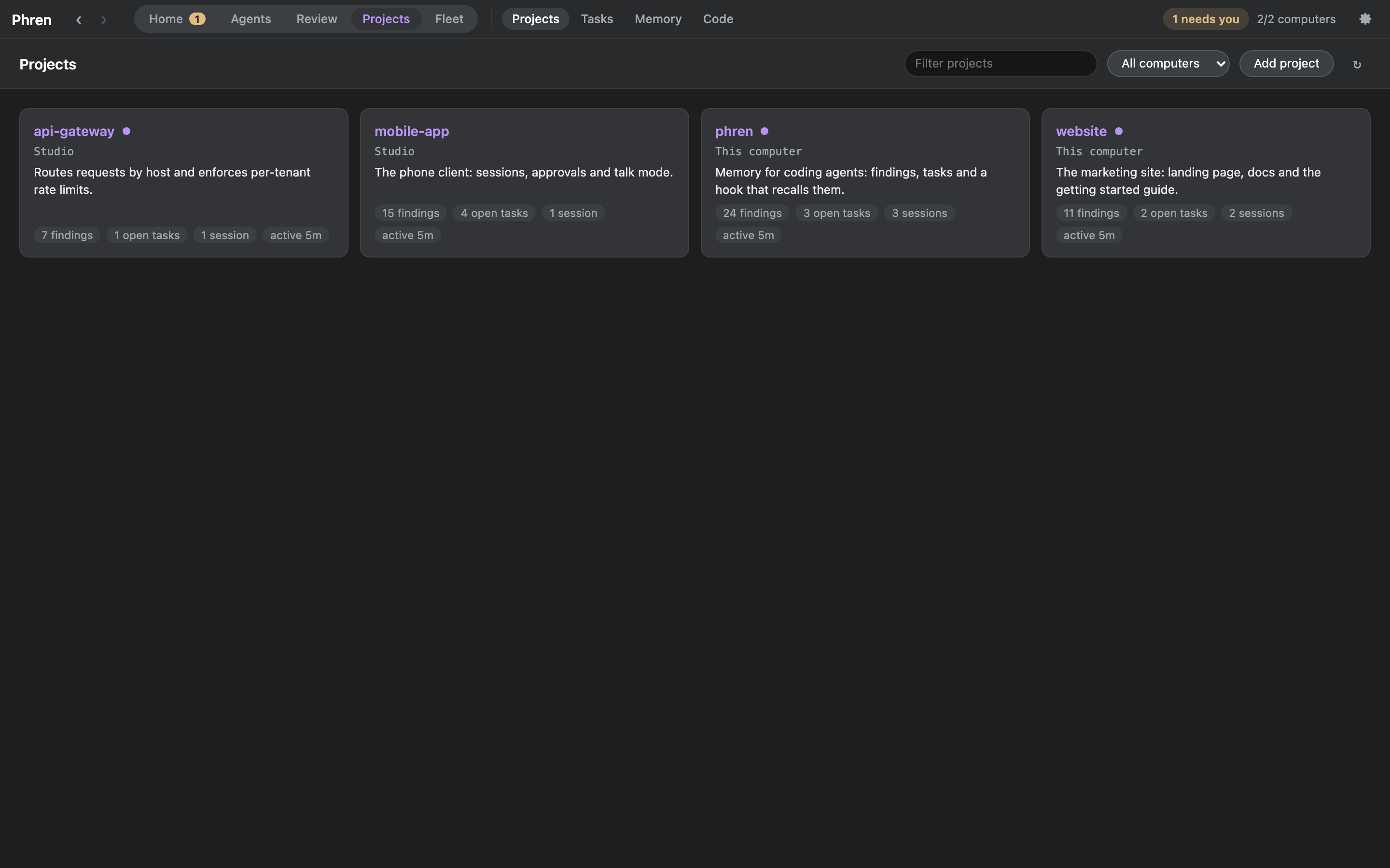 The Projects section with a card per project and computer