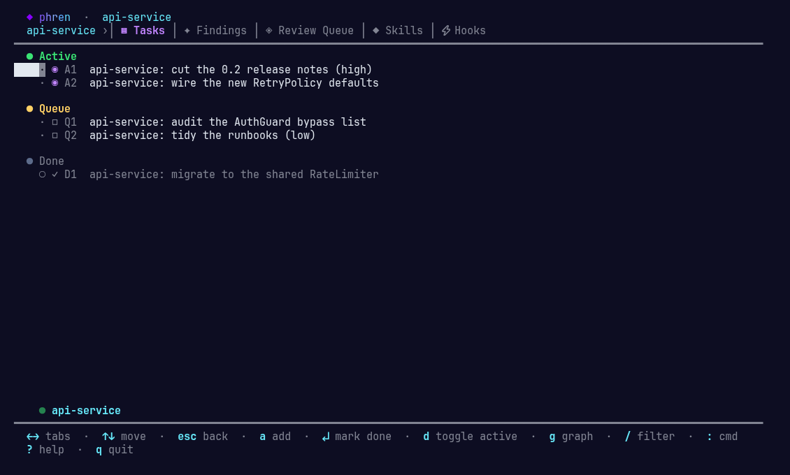 phren shell popped over a Herdr layout, showing this project's tasks